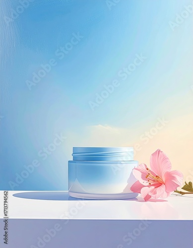 Minimalist blue cosmetic jar with pink flower on white surface, soft gradient background