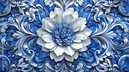 Ornate blue and white floral relief carving.  Possible use wallpaper, decorative panel