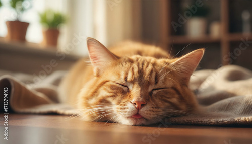 Orange cat is sleeping with tongue out in the house, happy face, warm tone, close up of cat's face.