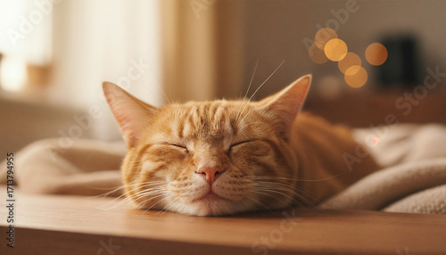 Orange cat is sleeping with tongue out in the house, happy face, warm tone, close up of cat's face.