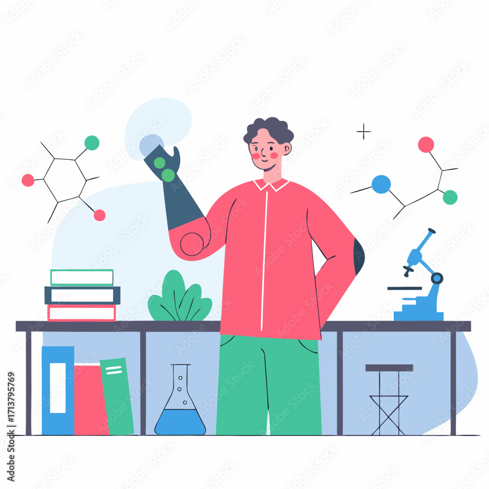 Fototapeta premium Young male student with prosthetic arm conducting science experiment 