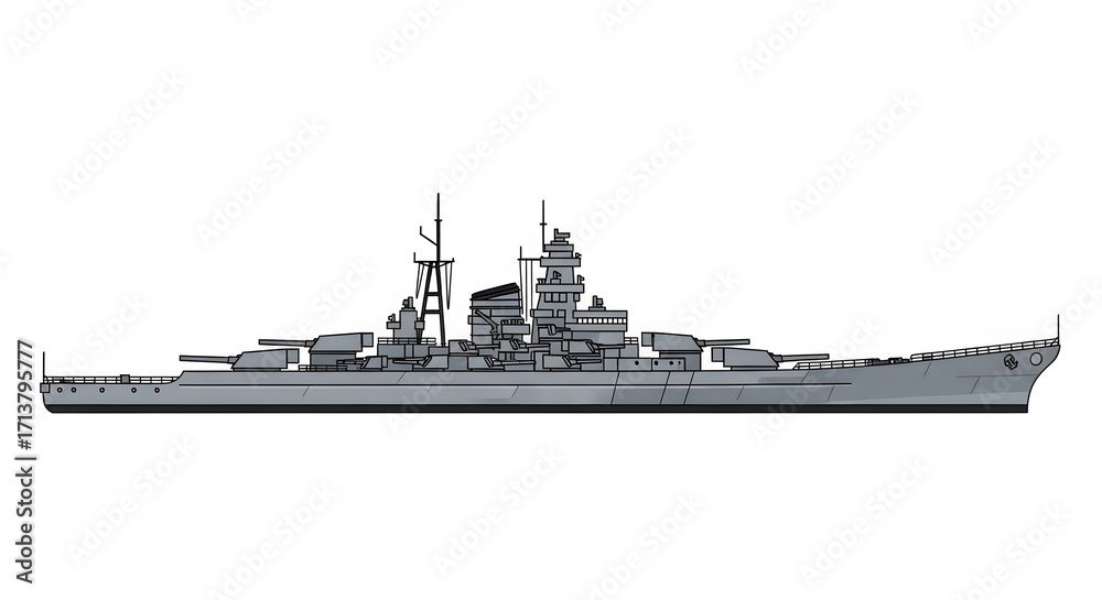 Fototapeta premium Detailed Illustration of a Battleship on a White Background.