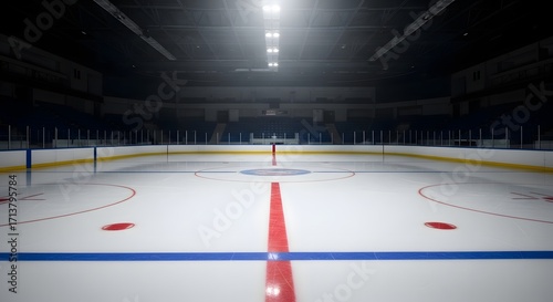 An empty ice hockey rink with bright overhead lights illuminating the ice and surrounding seating areas.