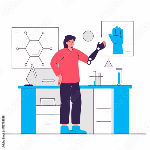 Young man with prosthetic arm standing in laboratory and explaining