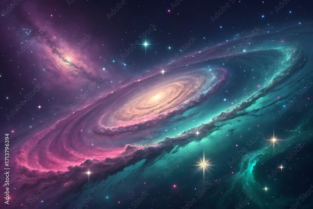 Obraz premium Radiant Galaxy Gradient with swirling cosmic ribbons and twinkling stars 