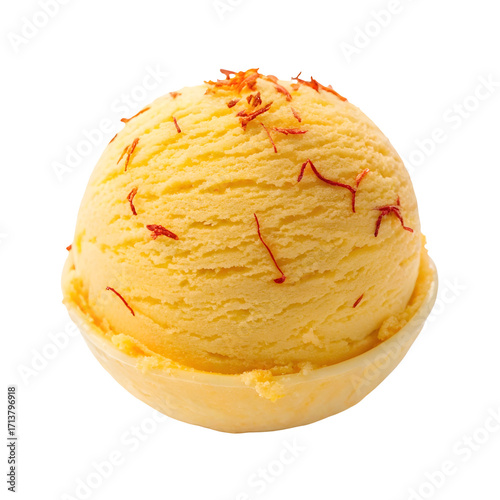 Yellow ice cream scoop with saffron threads in a white bowl graphic design