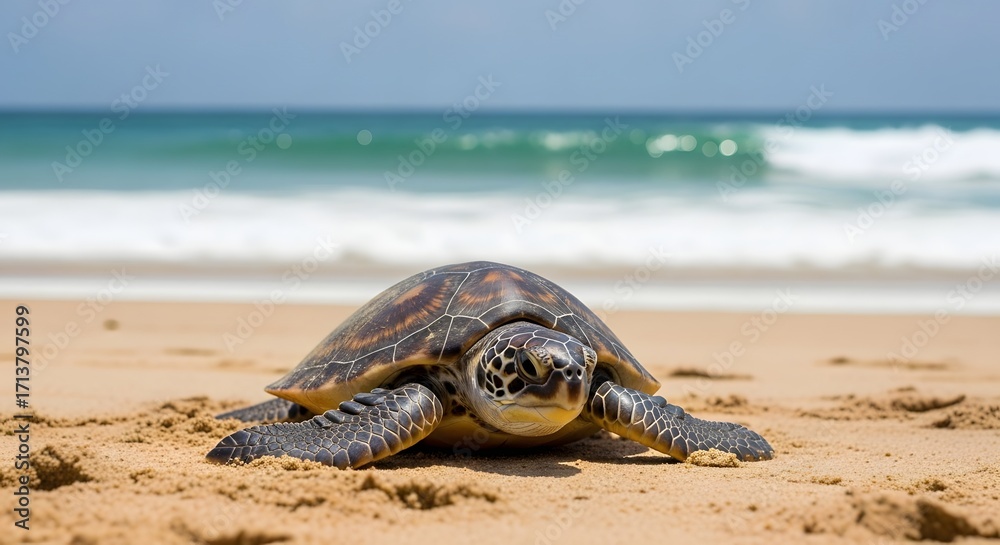 Obraz premium Sea turtle on sandy beach with waves crashing in the background, showcasing marine life conservation
