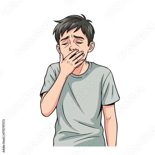 Young boy covering mouth with hand appearing tired or unwell.