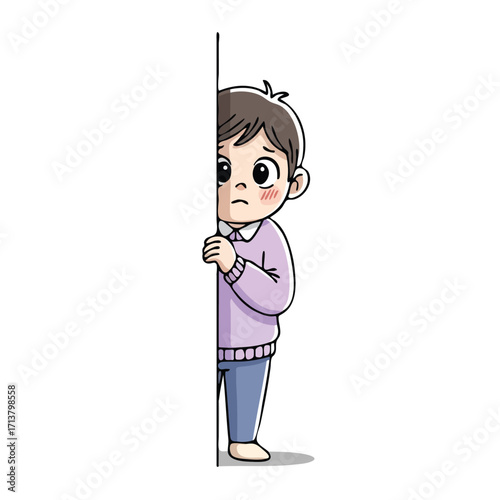 Cartoon Boy Hiding Behind a Wall Looking Anxious.
