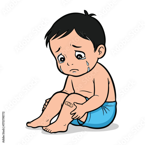 Sad Cartoon Child with Band-Aid on Knee Crying.