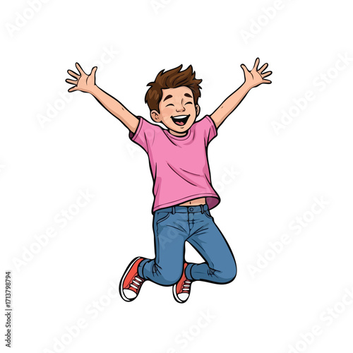 A joyful cartoon boy with brown hair jumping happily with his arms raised.