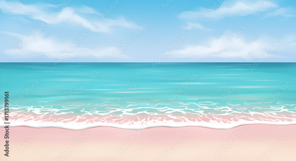 Fototapeta premium Serene Tropical Beach Scene with Turquoise Water and Pink Sand under a Partly Cloudy Sky