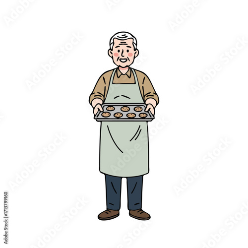 Elderly Man Presenting Baked Cookies on Tray.