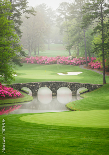 Iconic Stone Bridge and Azaleas at Augusta National Golf Course in Mist. National Golf Day