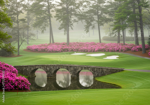 Iconic Stone Bridge and Azaleas at Augusta National Golf Course in Mist. National Golf Day