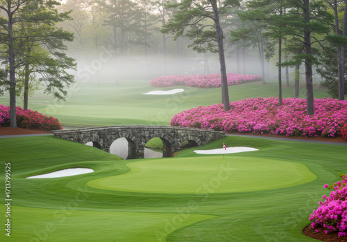 Iconic Stone Bridge and Azaleas at Augusta National Golf Course in Mist. National Golf Day