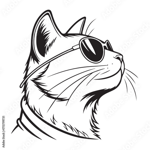 A cool cat with sunglasses looks up, its sleek fur and whiskers adding to its charm, isolated on white background the feline exudes an air of confidence and style