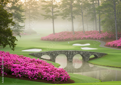Iconic Stone Bridge and Azaleas at Augusta National Golf Course in Mist. National Golf Day