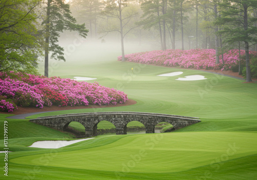Iconic Stone Bridge and Azaleas at Augusta National Golf Course in Mist. National Golf Day