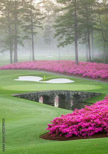 Iconic Stone Bridge and Azaleas at Augusta National Golf Course in Mist. National Golf Day