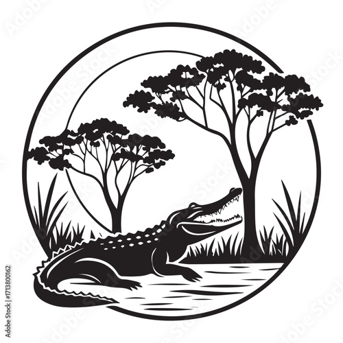 A captivating wildlife scene featuring an alligator resting near water, framed by trees within a circular border, creating a sense of enclosure and natural habitat, isolated on white background