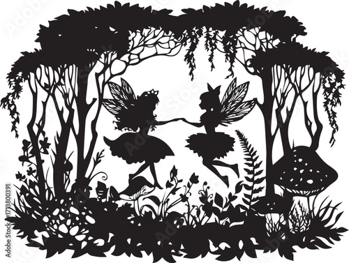 Enchanted Fairies in a Whimsical Woodland: Two ethereal fairies, their silhouettes dancing gracefully amidst the mystical trees of an enchanting forest, their gossamer wings shimmering.