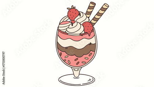Ice Cream Sundae Glass with Chocolate, Vanilla and Strawberry Scoops in 3D Glossy Vector 