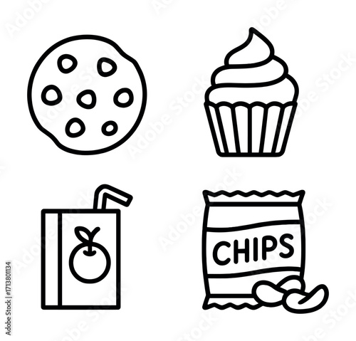 Black and white icons of cookie, cupcake, beverage, and chips snack items