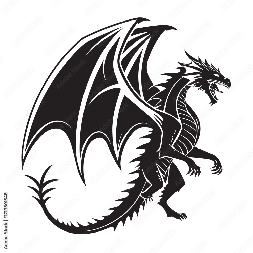 Fototapeta premium A majestic black dragon with intricate wings and a fierce expression, isolated on white background, showcasing its scales and powerful stance in a captivating and detailed monochrome illustration