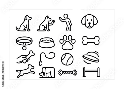 Dog training and care icons set: toys, commands, training, and accessories