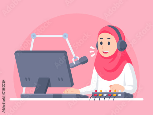 Flat illustration of a muslim female radio announcer