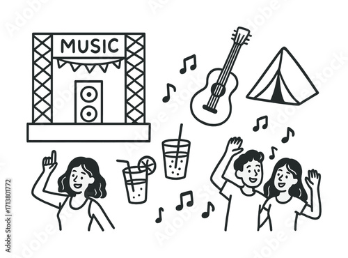 Music festival fun with dancing female and male teens, guitar, drinks, and tent