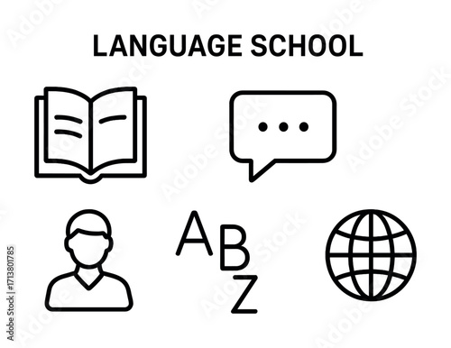 Language school icons: book, speech, letters, globe, person outline