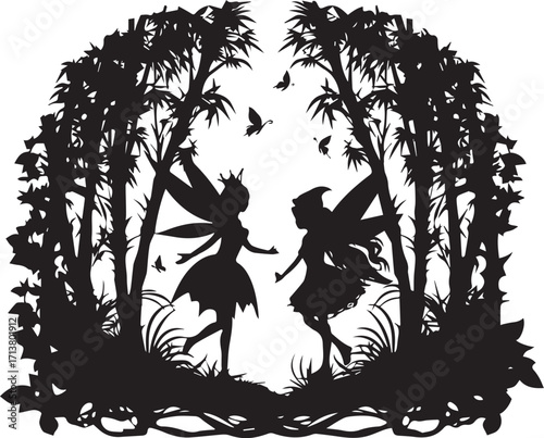 Enchanted Forest Fairies: Silhouettes of two delicate fairies, bathed in the soft glow of the twilight sun, dance playfully in the heart of an enchanting forest.