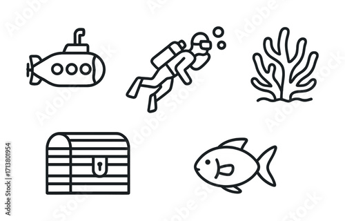 Submarine adventure: diver explores coral reef with treasure and fish icons