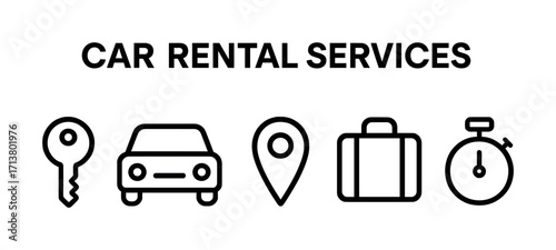 Car rental services: key, vehicle, location, luggage, timer icons