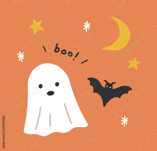 ハロウィンのおばけとコウモリの手書きイラスト
