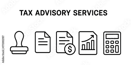 Tax advisory services icons: documents, growth chart, calculator, financial stamp