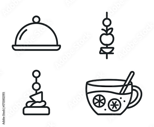 Culinary icons: cloche, skewered appetizers, cheese tower, citrus tea
