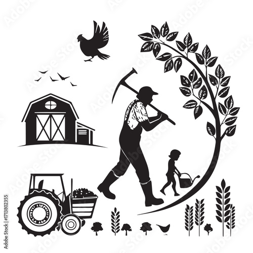 Illustration isolated on white background depicting a farmer and child working on a farm with a barn, tractor, crops, and animals, symbolizing agriculture and rural life