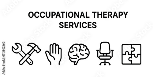 Occupational therapy services: tools, hand, brain, chair, puzzle icons