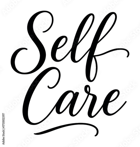 Elegant handwritten 'self care' calligraphy design in black on white background