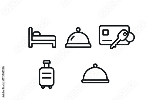 Hotel service icons: bed, bell, keycard, luggage, covered dish