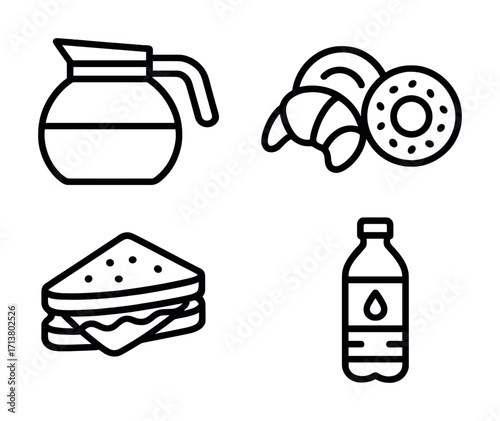 Coffee pot, croissant, sandwich, and water bottle icons in black and white