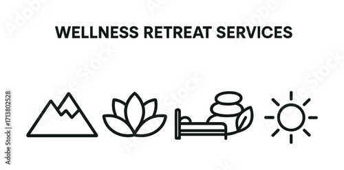 Wellness retreat services icons: nature, spa, relaxation, and sun elements
