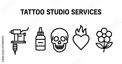 Tattoo studio icons: machine, ink, skull, heart, flower illustrations