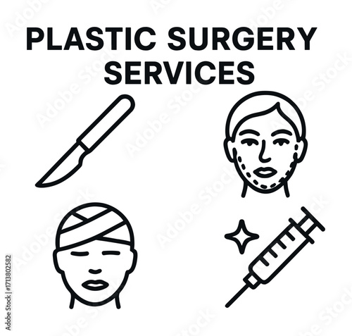 Plastic surgery services icons: scalpel, bandaged head, face, syringe