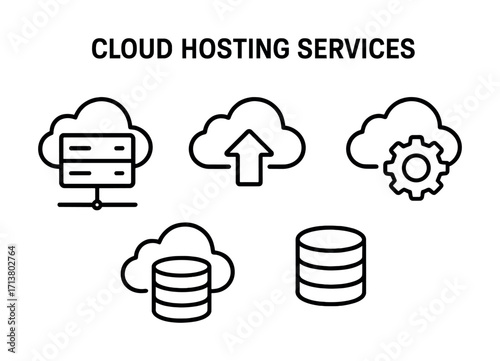Cloud hosting services: icons of server, upload, settings, and database in outline style