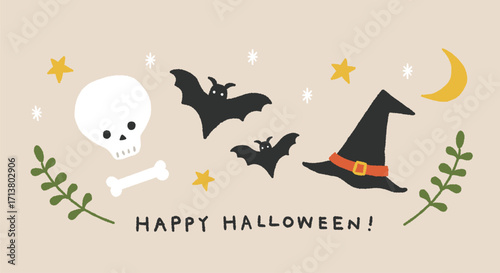 ハロウィンのガイコツとコウモリと魔女の帽子の手書きイラスト