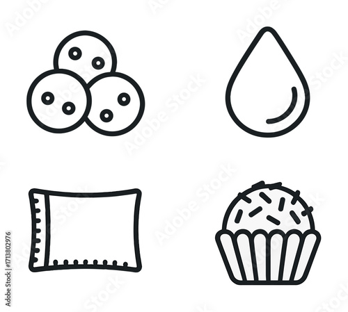 Minimalist line art icons of cookies, water drop, pillow, and cupcake